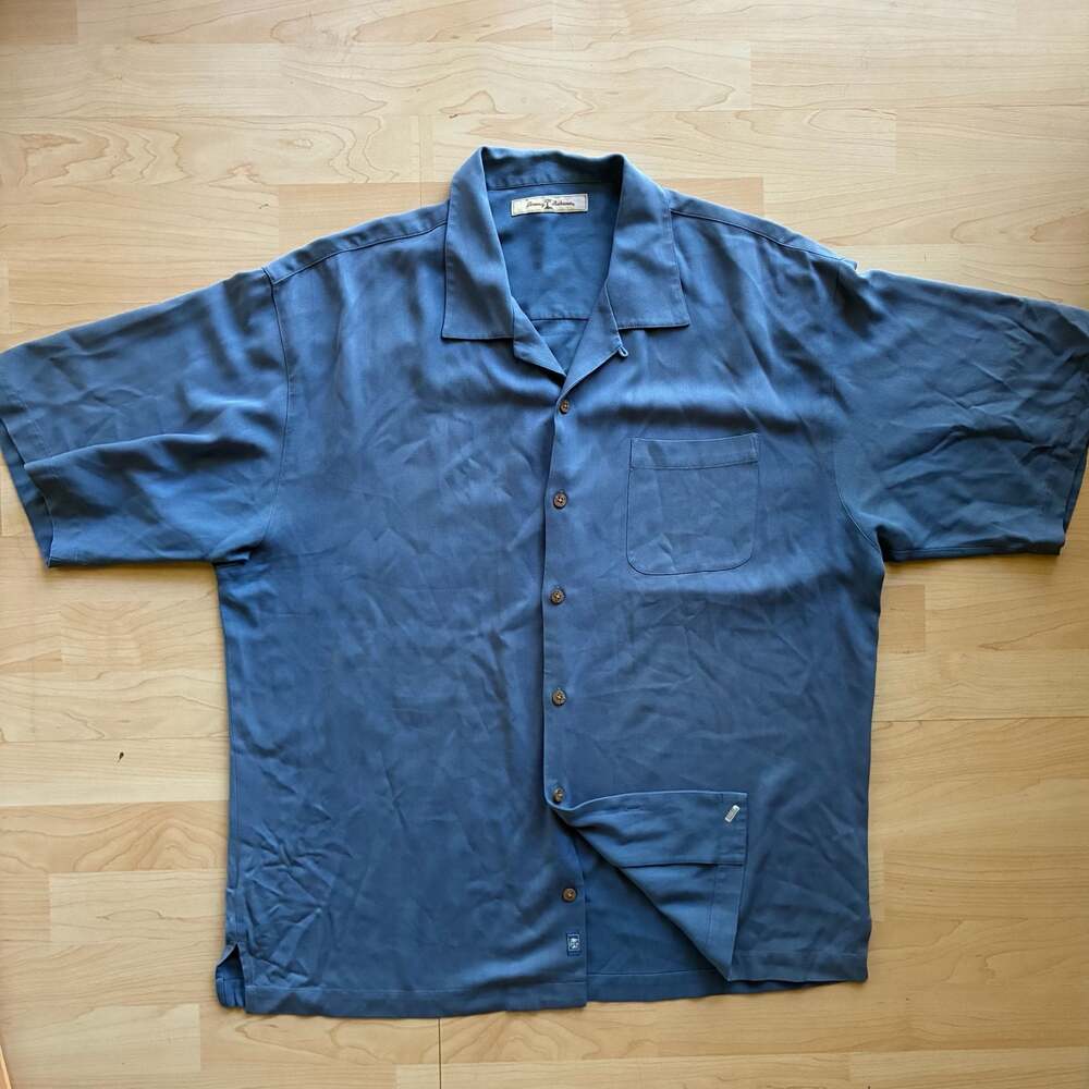 Tommy Bahama 100% Silk Solid Blue Herringbone Texture Short Sleeve Camp Shirt